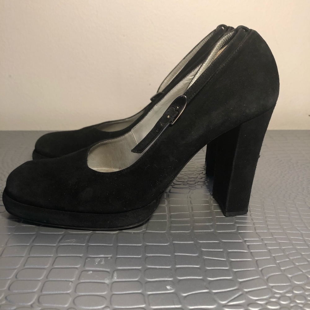 Guess Black Suede Ankle Strap Chunk Heel Platform